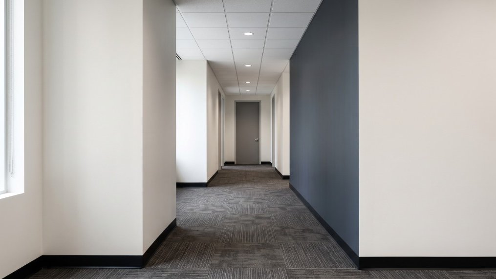 Modern finished commercial office corridor with accent wall.