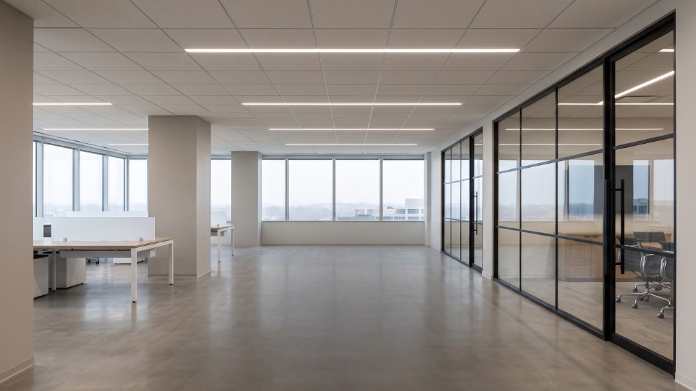 Completed open-plan commercial office fit-out with glass partitions.